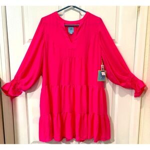 NWT!! CeCe Tiered Babydoll Dress Pink Shock‎ Size Large Long Sleeve Polyester